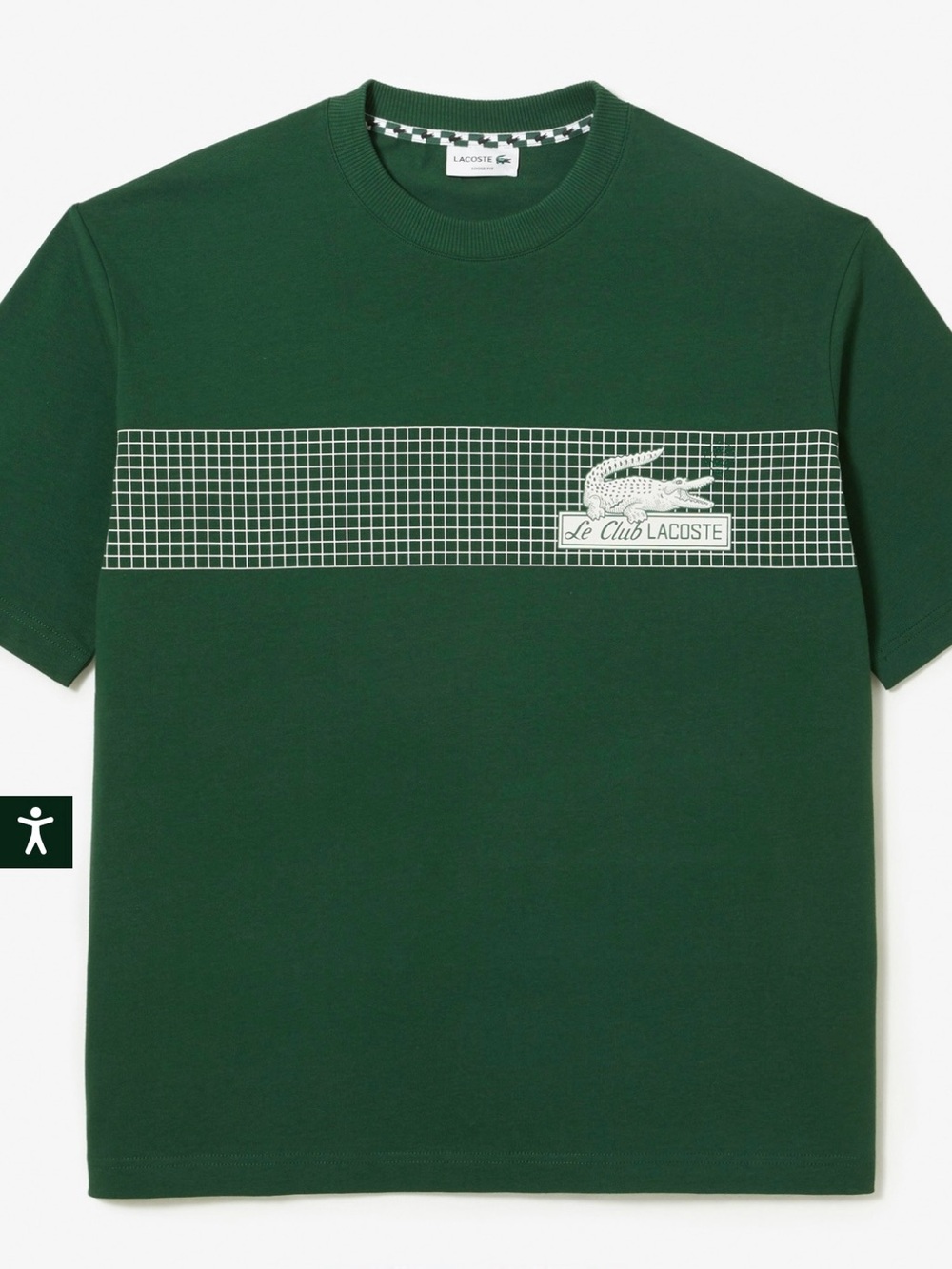 Men’s M Loose fit Lacoste Green Crewneck T-Shirt with White Grid and Croc Logo